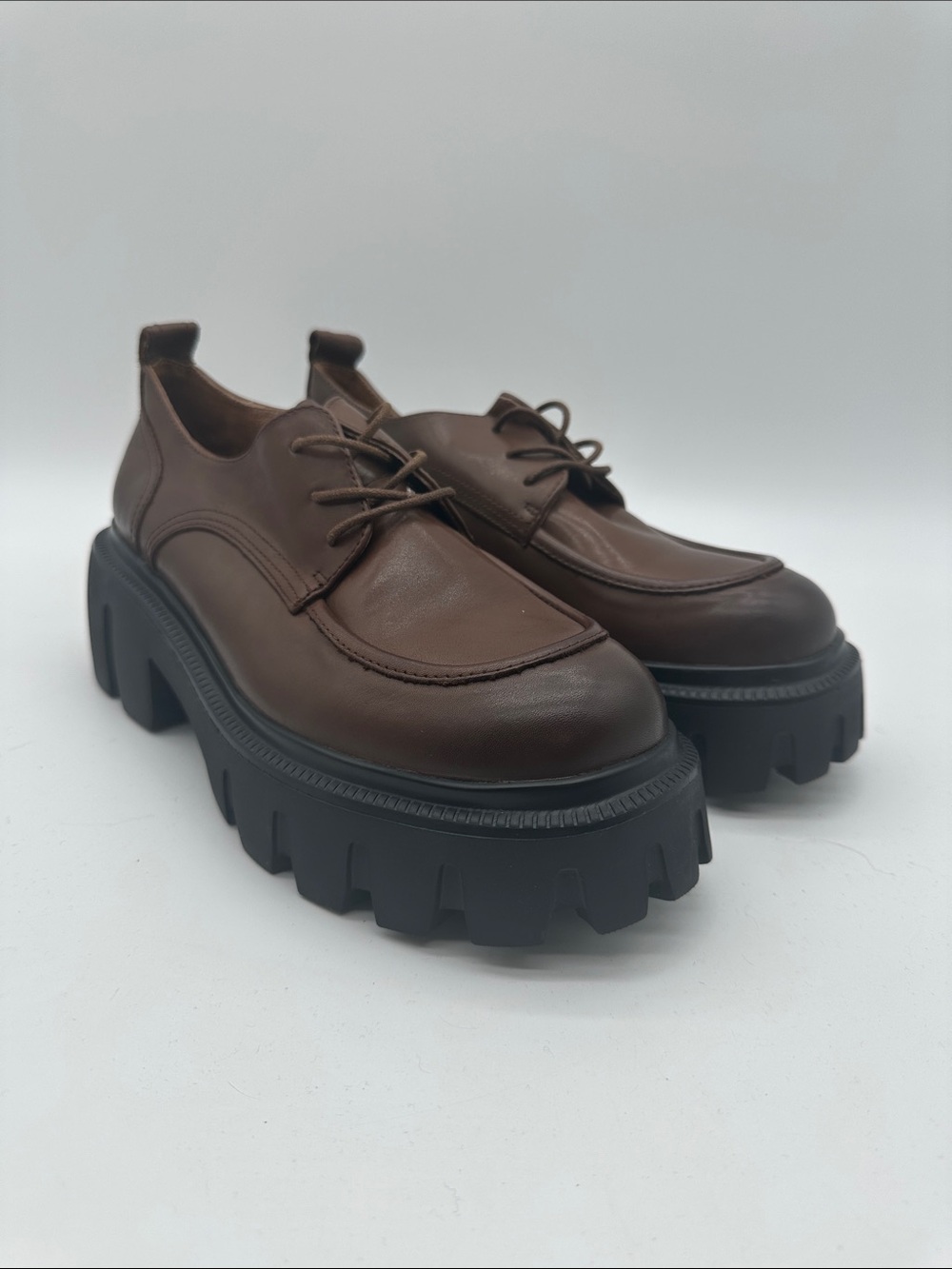 Brown Platform Lace-Up Chunky Loafers